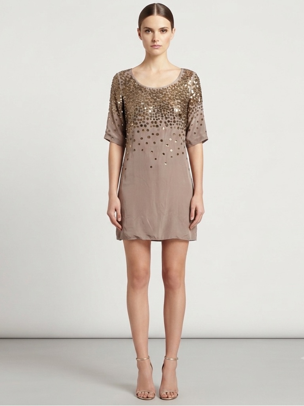 Sheri Bodell Silk Sequin Paillette Shift Mini Dress Taupe NWT Size M Cocktail